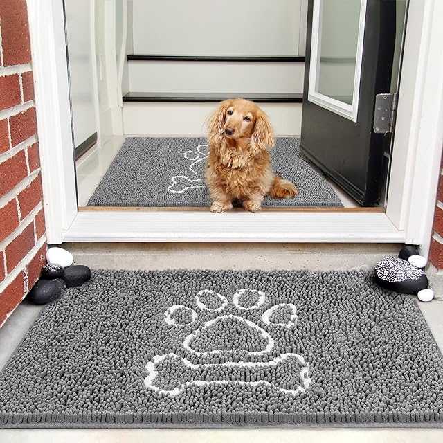 AROGAN Doormat Dog Chenille Doormats Grey, Pet Indoor Door Mats Washable for Mud Entry Indoor Busy Area Dogs Muddy Pawprints 24 x 36 Inch