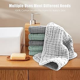 MOON PARK Baby Washcloths, 12 Pack - 12x12 Inches, Small Burp Cloths and Baby Wipes - 100% Cotton Muslin Ultra Soft for Newborn, Infant and Toddlers - Grey, Green and Slate