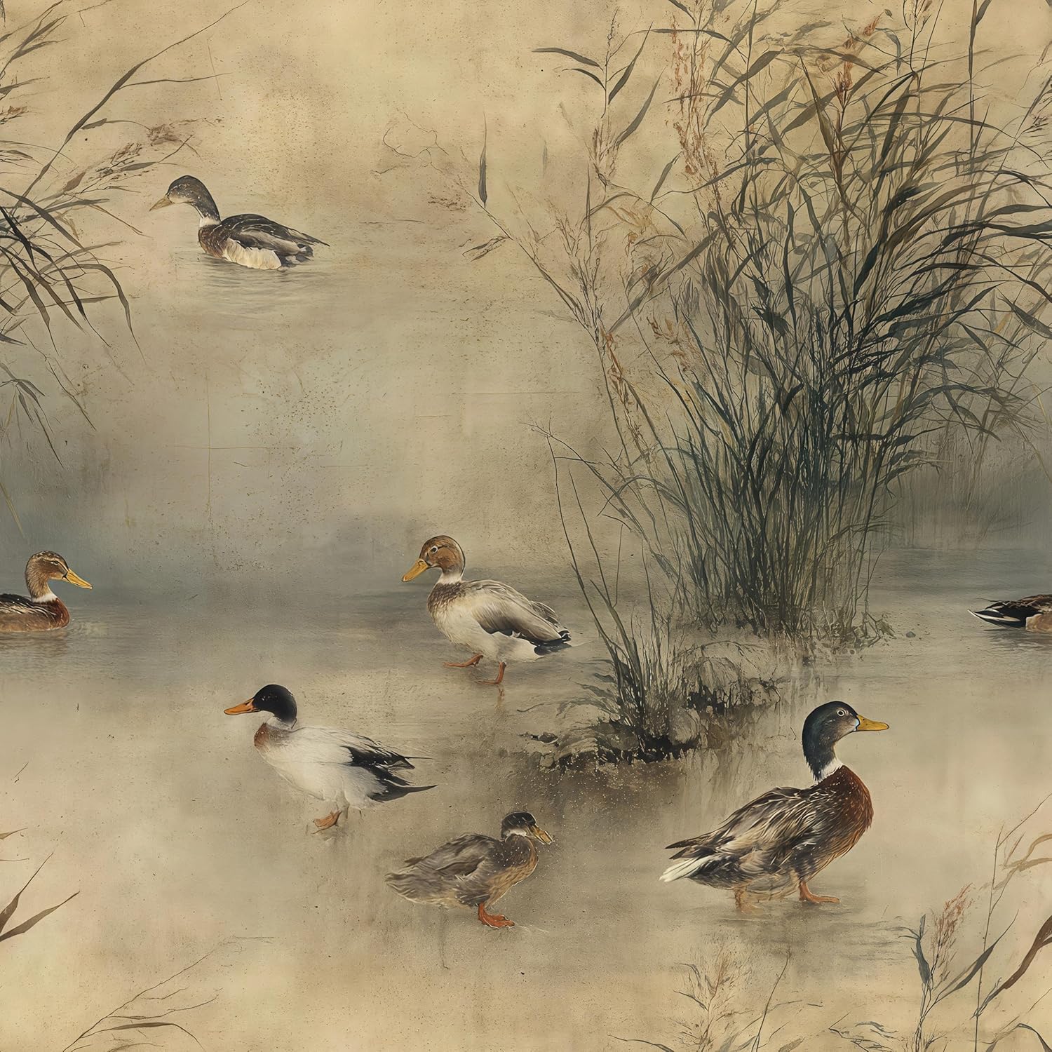 Ink Wash Waterfowl Reed Wallpaper Peel and Stick, Zen Oriental Removable Mural for Living Room & Bedroom, 17.7x118 Inch