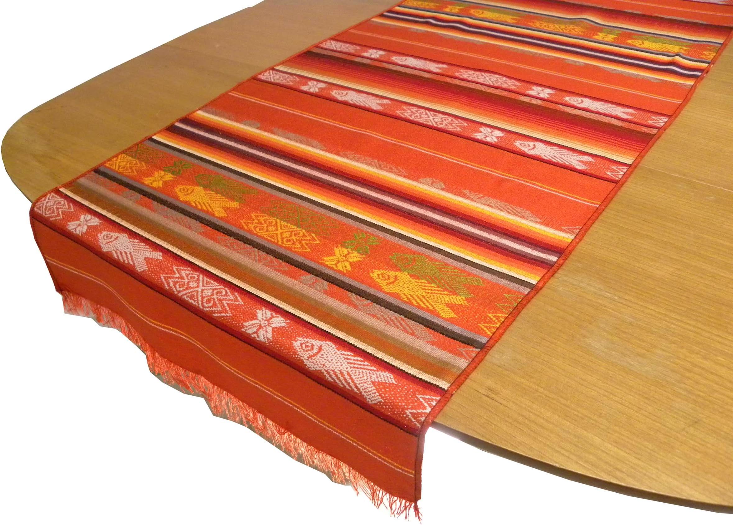 Minga Serape Hand Woven Traditional Fish Pattern on Table Runner, Orange