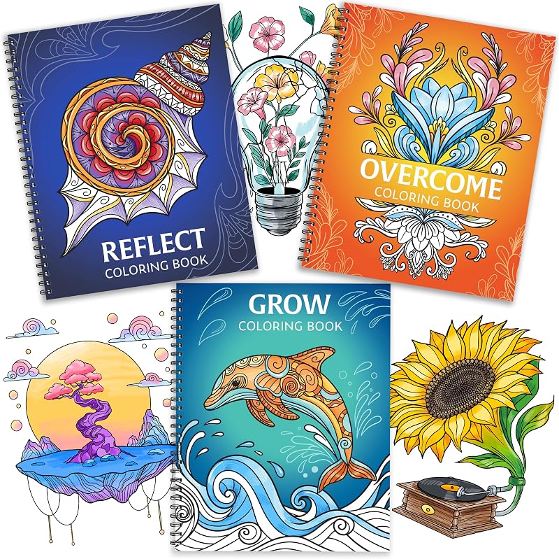 Libros para colorear para adultos Relajación, juego de 3 para mujeres, Alivio del estrés | Libro para colorear para adultos, juego de 3 para mujeres, 63 diseños de atención plena y cuidado personal con citas inspiradoras, regalo en espiral para aliviar el estrés