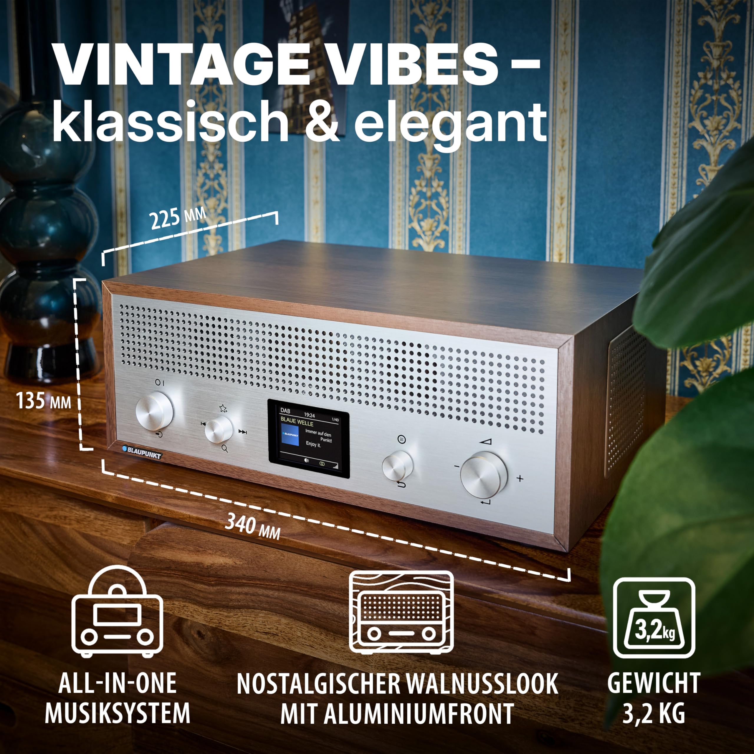 Blaupunkt Verona RXD 190 walnuss, DAB+ Radio Retro Design, Küchenradio mit Bluetooth 5.0, UKW Digitalradio in Holzoptik & Farbdisplay, AUX-In, USB Ladefunktion, 15 W RMS
