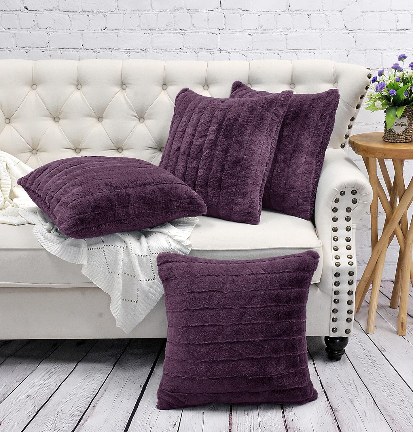 Striped Faux Fur Decorative Square Throw Pillow Covers with Sherpa Back 20 x 20 Inches Set of 4, Plush Soft Luxury Cushion Case Pillowcase for Couch Bed Bedroom Living Room, Dark Purple