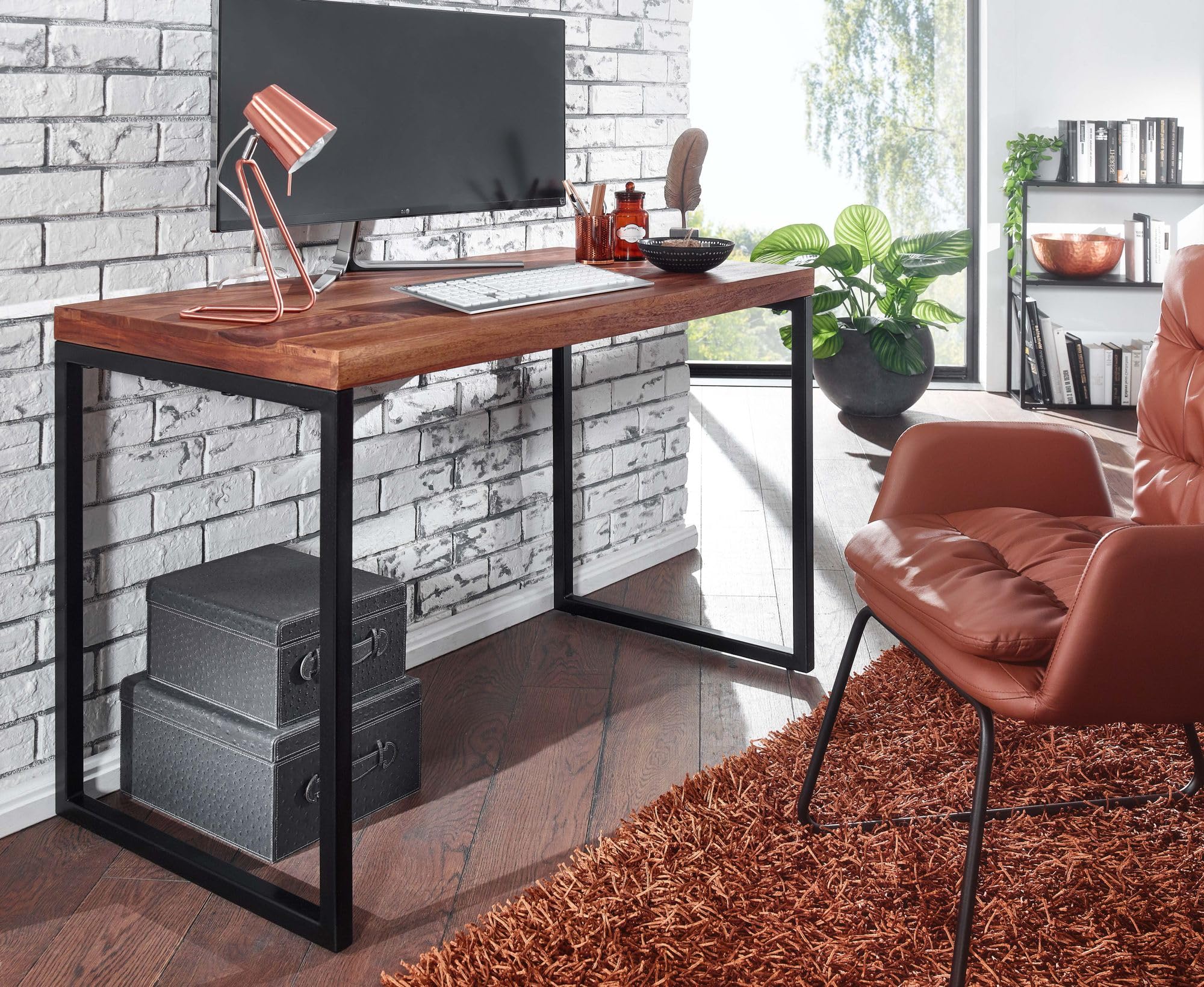 FineBuy Schreibtisch 117x59x76,5 cm Sheesham Massivholz Metall
