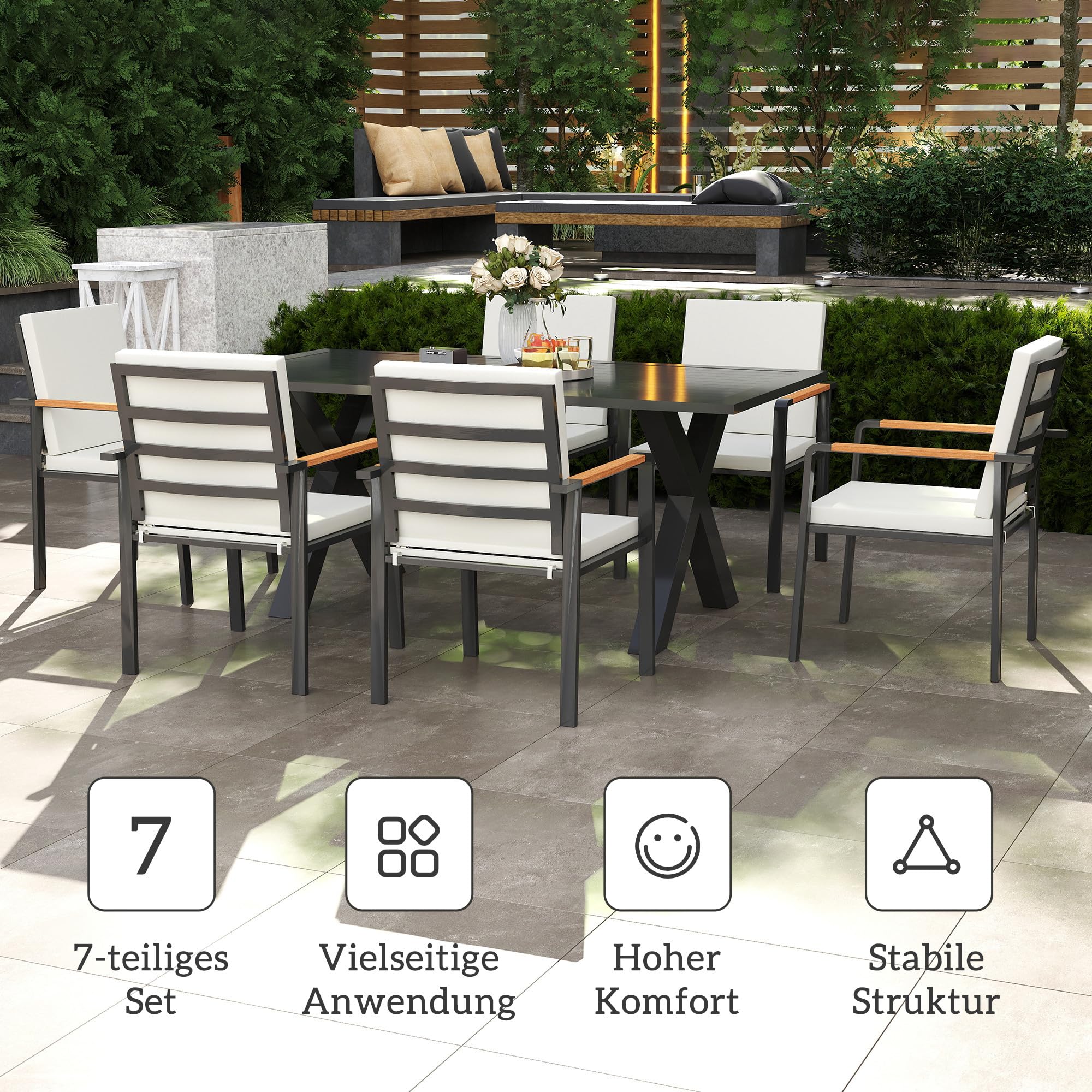 Outsunny Sitzgruppe 7tlg. Balkonset Essgruppe Balkonmöbel 1 Tisch+6 Stühle Gartenmöbel Set Sitzgarnitur mit Auflagen wetterfest Aluminiumrahmen Schwarz+Grau