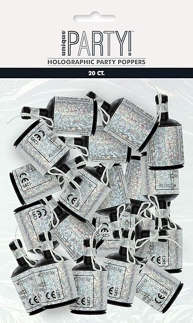 Unique Party 83960 Silver Holographic Poppers | Birthday | Black & Silver | 20 Pcs, Black, Happy