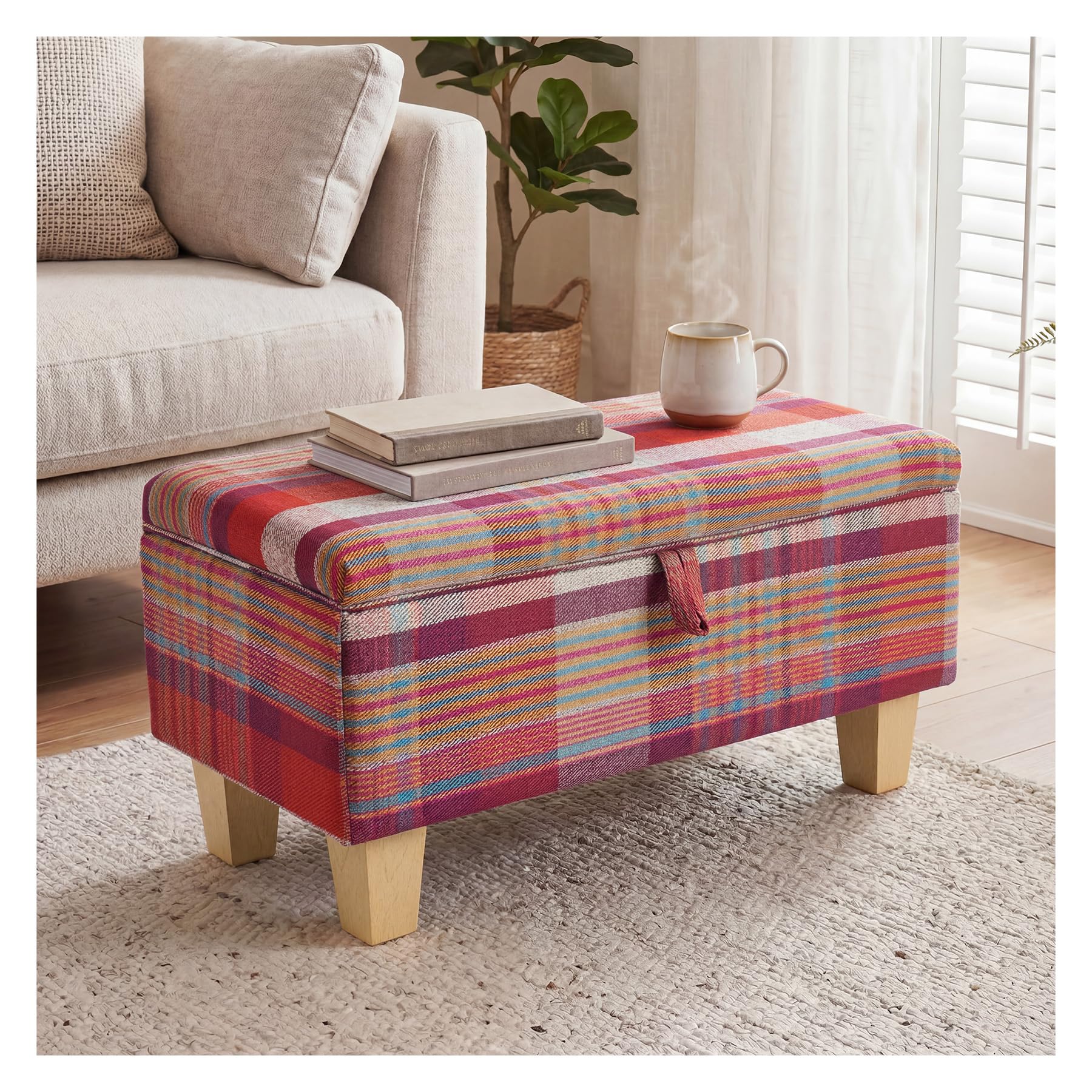 INMOZATA Linen Footstool with Storage Upholstered Ottoman Footstool Storage Stool Change Shoe Footrest with Legs for Living Room Bedroom (Red Tartan)