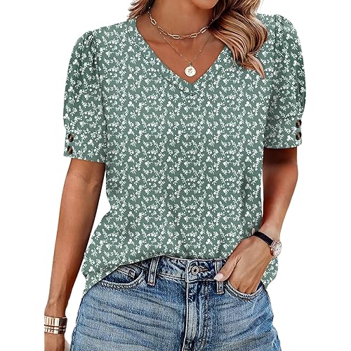 OFEEFAN Womens Tops Short Sleeve Shirts Buttons V Neck Spring Fashion Summer Outfits Plus Size Blouses Dressy Casual