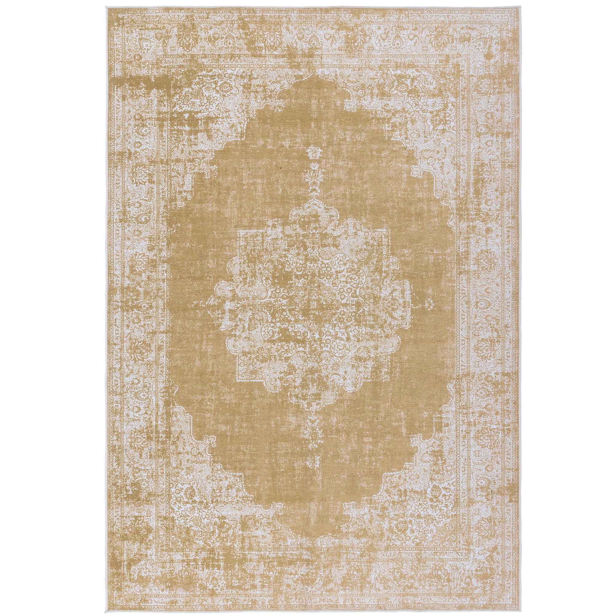 TESSO LIVING Vintage Teppich – 120 x 160 cm Gelb – Waschbar & rutschfest – Kurzflor, Faltbar – Pflegeleichter Wohnteppich