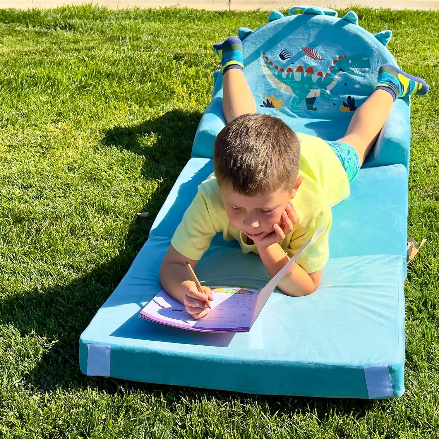 Dinosaur Kids Sofa Bed with Removable Washable Cover & Magic-Tape Backrest – Foldable Toddler Chair, Cozy Crystal Velvet Furniture for Playtime, Naps & Travel (Soft Ggreen, Dino Design) - Image 4