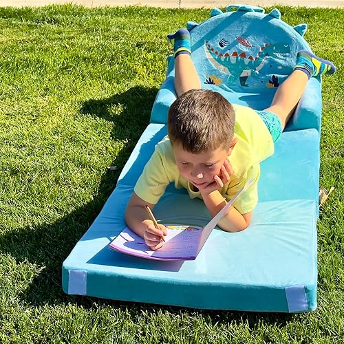 Miniatura 4 de Sofá cama de dinosaurio para niños con funda extraíble lavable y respaldo de cinta mágica - Silla plegable para niños pequeños, cómodos muebles de