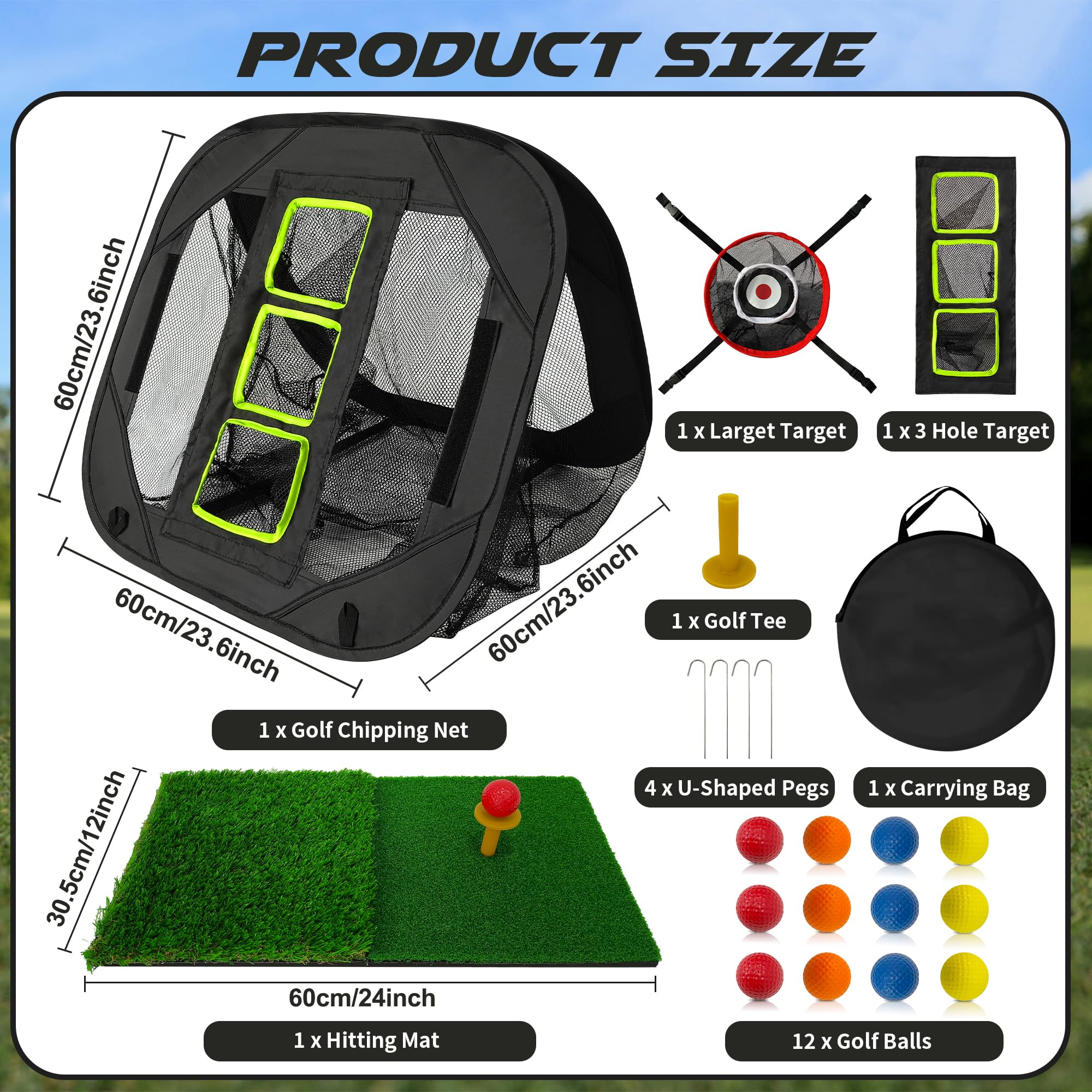 Golfnetze für Garten, Golf Chipping Net 5 Modi Pop Up Übungsnetz mit Matte, 12 Schaumstoffbälle, Tragetasche und Zielscheibe, Schwarz