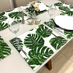 Jogo Americano Retangular 8 Lugares - Tecido - Mesa Posta (Tecido Costela Verde)