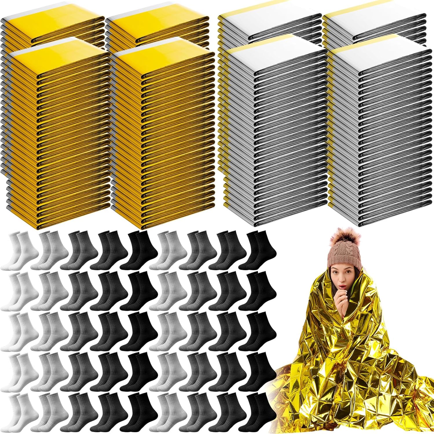Jamntower 300 Pcs Emergency Blankets & Thermal Socks Kit for Outdoors