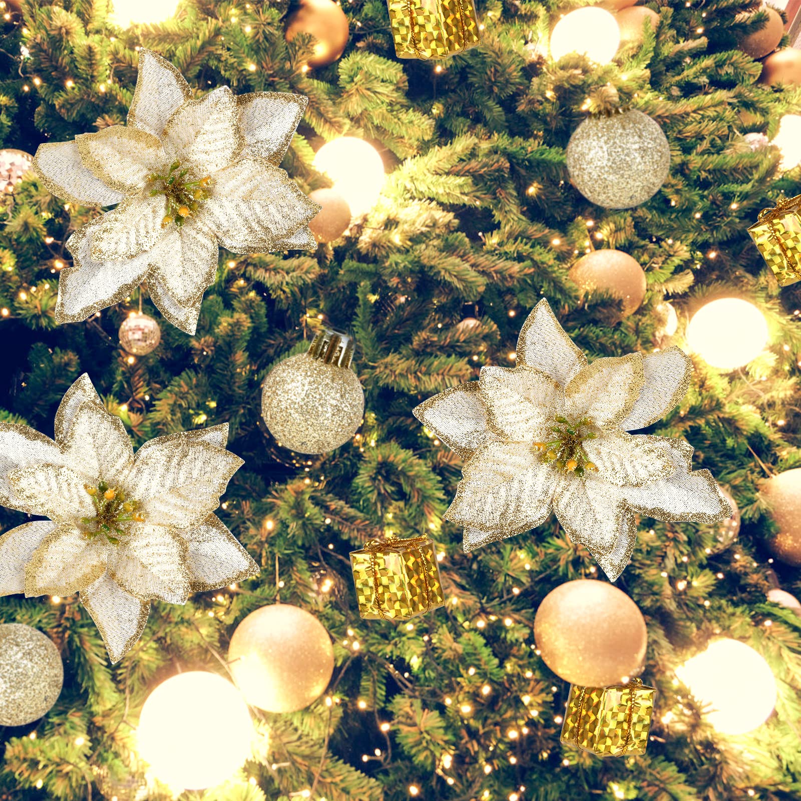LIHAO Decorazioni Albero di Natale Oro, 133pz Addobbi Con Fiocchi di Neve, Stella, Palline e Fiori per Natale