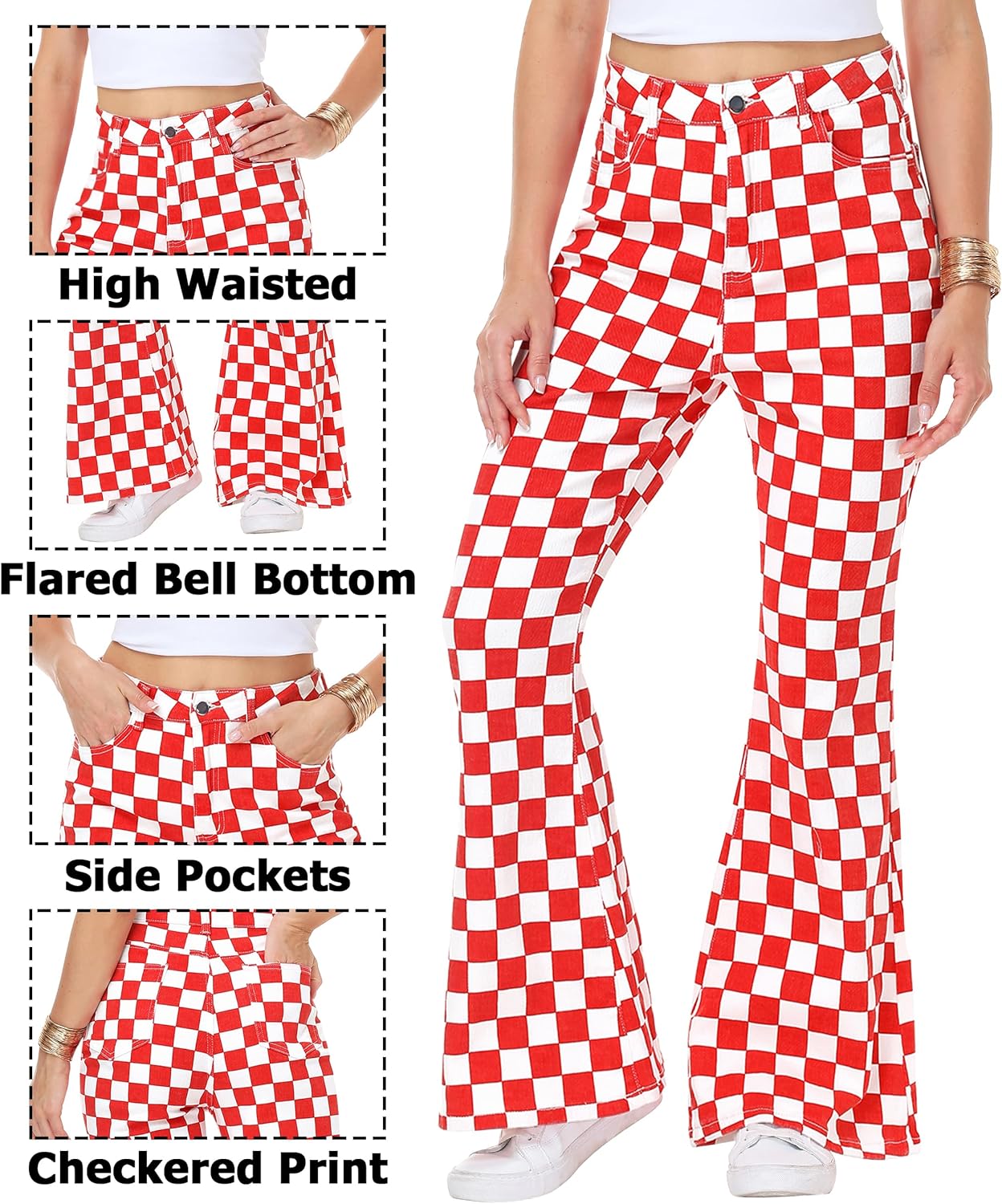 Womens High Waisted Plaid Bell Bottom Jeans Stretch Checkered Flare Denim Pant - Image 4