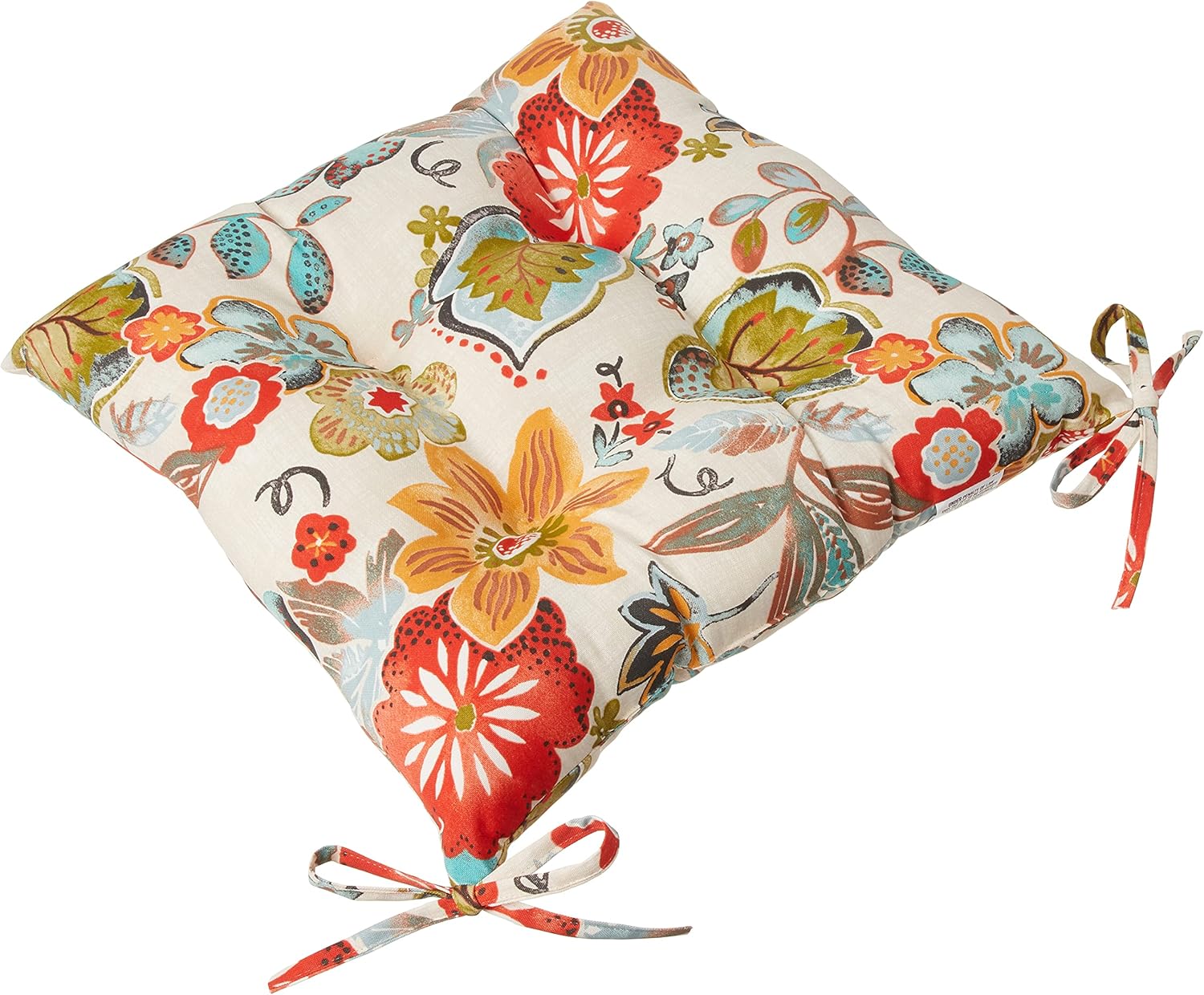 Pillow Perfect Bright Floral Indoor/Outdoor Tufted Wicker Chair Pad With Ties, 2 Count, 18.5" x 19", Ivory Alastriste