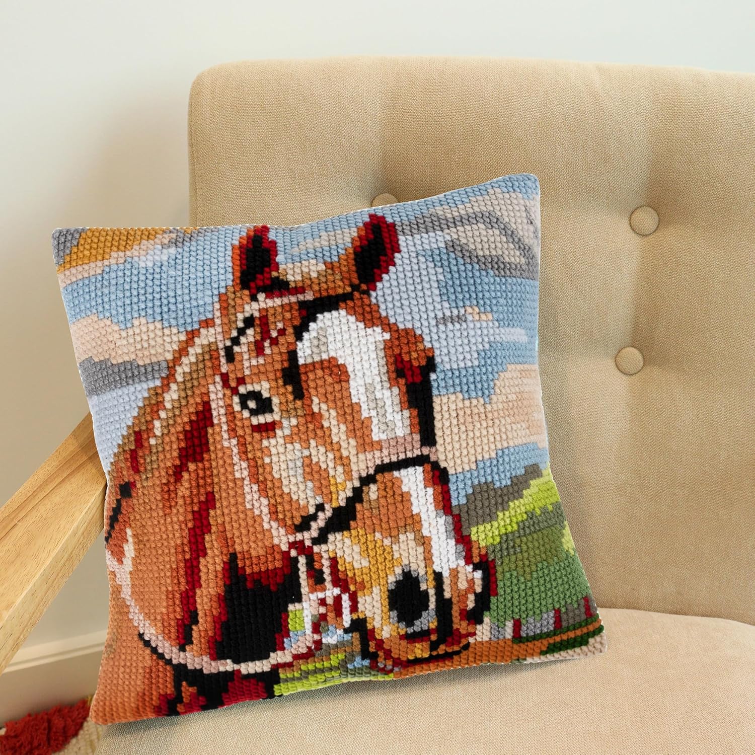 Trimits Cross Stitch Cushion Kit, Cushion Back Included, Pre Printed Canvas, Yarn and Needle Included 40 x 40cm (15.75 x 15.75in), Horse Brown