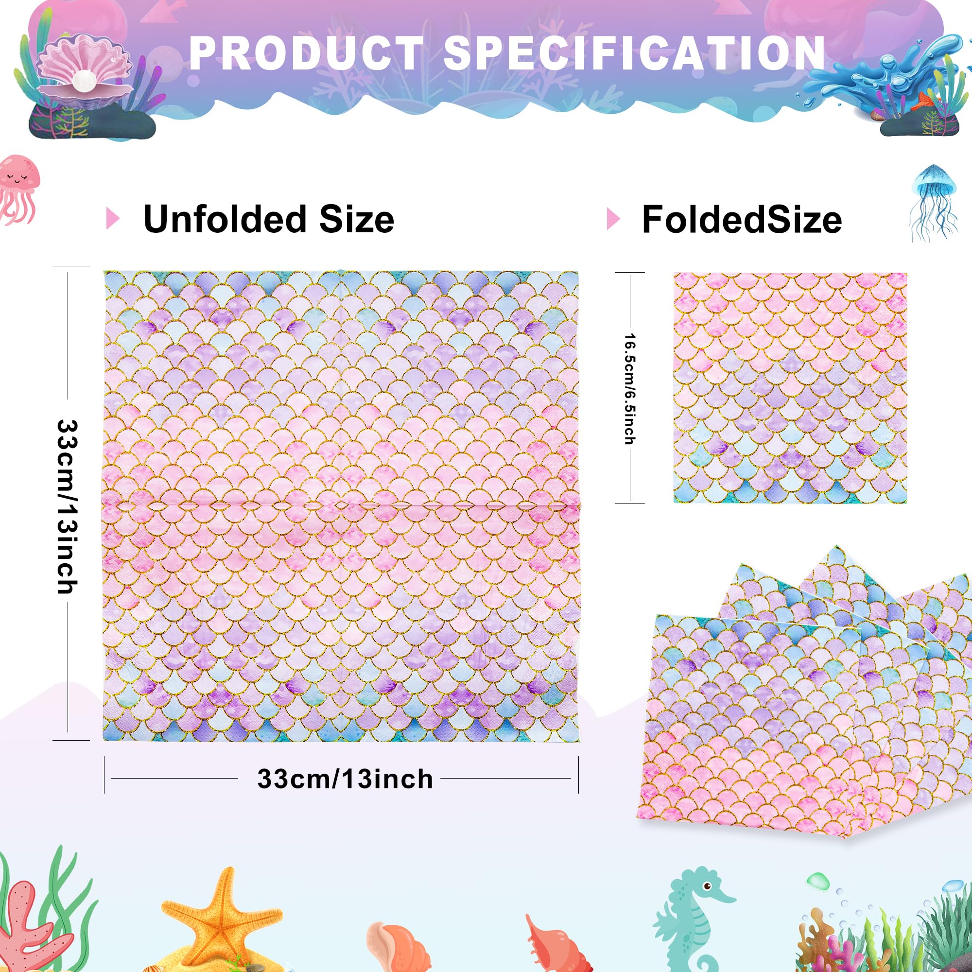 LMJUNZZ 120 Pcs Mermaid Scale Party Napkins - Pink, 2-Ply Paper, 13 x 13 Inches - Mermaid Birthday Party Supplies