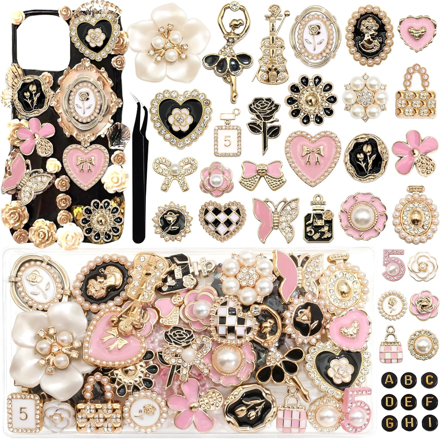 BELICEY Junk Case Charms Kit Gold Pink Flower Big Charm for Junk Cases 3D Vintage Bow Heart Rose Phone Case Charms Flatback Butterfly for DIY Personalization