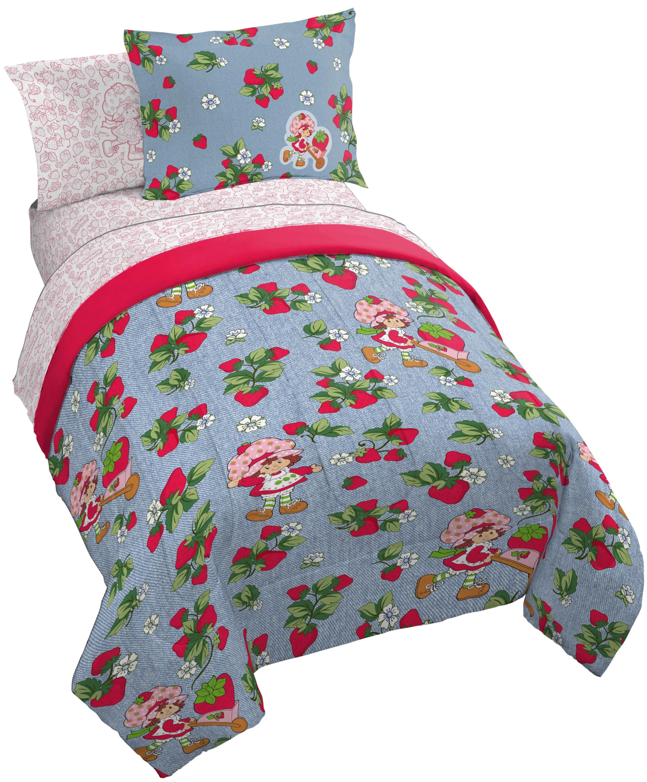 Strawberry Shortcake Full Size Comforter Set 7 Piece Kids Bedding, Blue