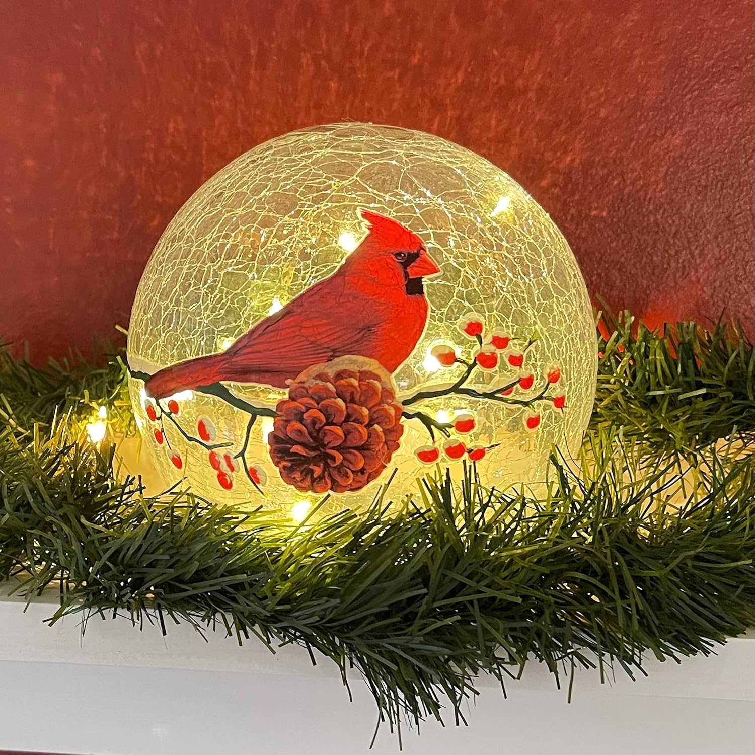 Gift Essentials Cardinal with Pine Cones Crackle Glass Globe - LED Christmas Light Up Glass Home Decor - Battery Operated Orb Lamp - Requires 3 AA Batteries (Not Included) - Image 6