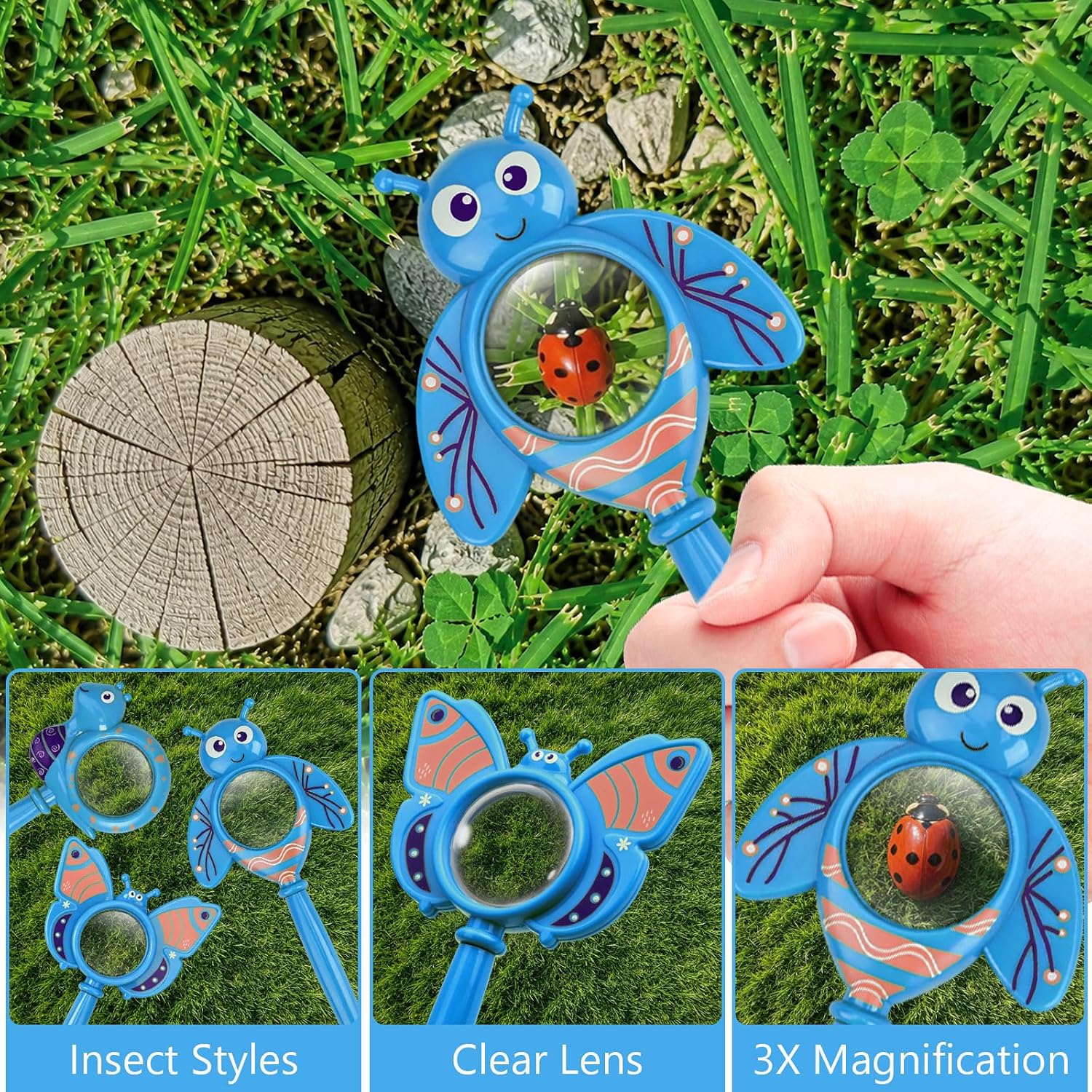 3PCS Insect Magnifying Glass for Kids, 3X Handheld Magnifier (Blue)
