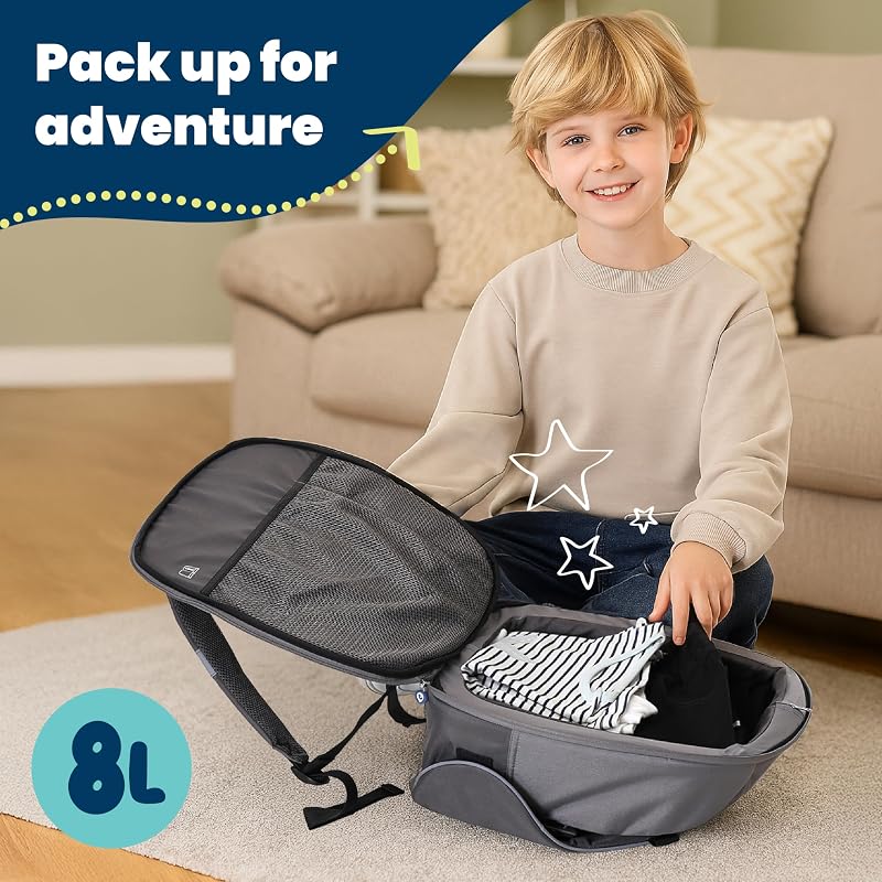 Trunki BoostApak 2in1 Ülésmagasító és Hátizsák - i-Size Utazó Gyerekülés 6+ Éveseknek, 8L Kézipoggyász Méretű, 126-150 cm Magassághoz - Szür