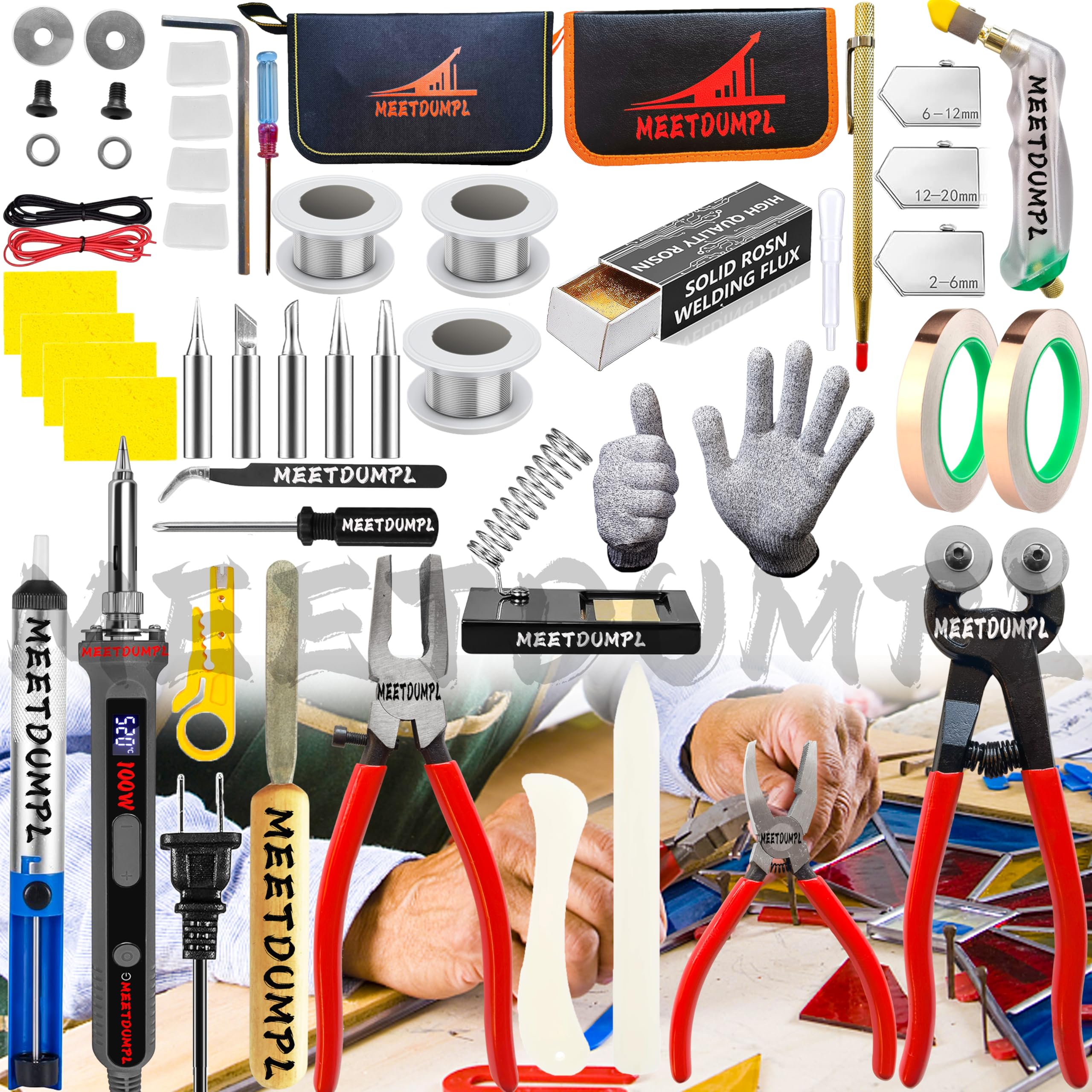 MEETDUMPL Stained Glass Kit，Stained Glass Supplies，Stained Glass Kits for Adults，with 100W Soldering Iron Kit,Glass Cutter Tool Kit,for Stained Glass