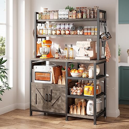 Miniatura 9 de EnHomee Estante para panaderos con toma de corriente, soporte de microondas de 6 niveles con gabinete de almacenamiento, barra de café de cocina de