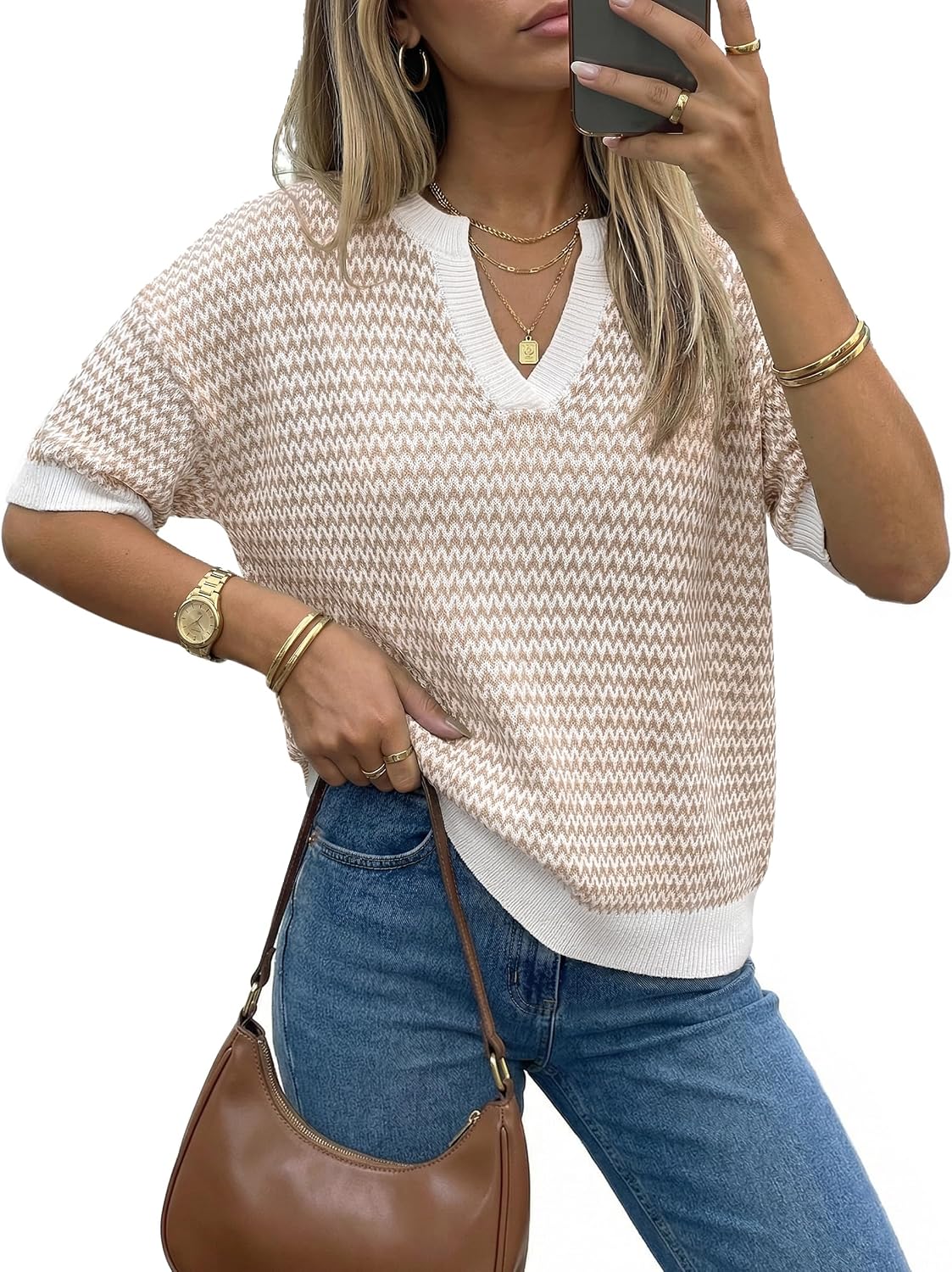 Arach&Cloz Women's Striped Short Sleeve Sweater Work Casual Fashion Trendy | 100% Cotton, Lightweight Knit, V Neck Pullover, Relaxed Fit, Work&Business Casual Outfits, Fashion Clothing, Summer Fall 2026