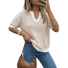 Women's 100% Cotton Polo V Neck Striped Short Sleeve Summer Casual Pullover Sweaters 2026