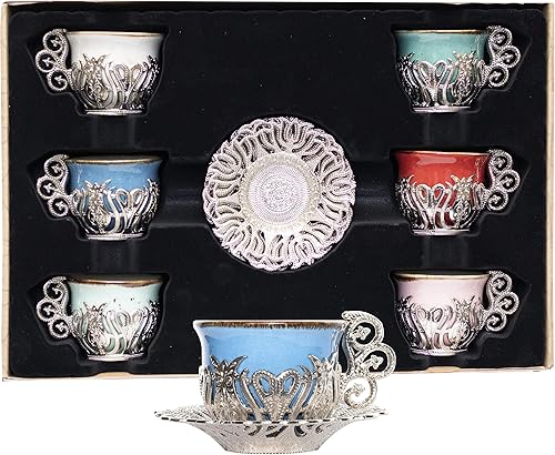 Alisveristime Juego de 12 tazas de café turco griego árabe, taza de café expreso, platillo de porcelana (color plateado mezclado)