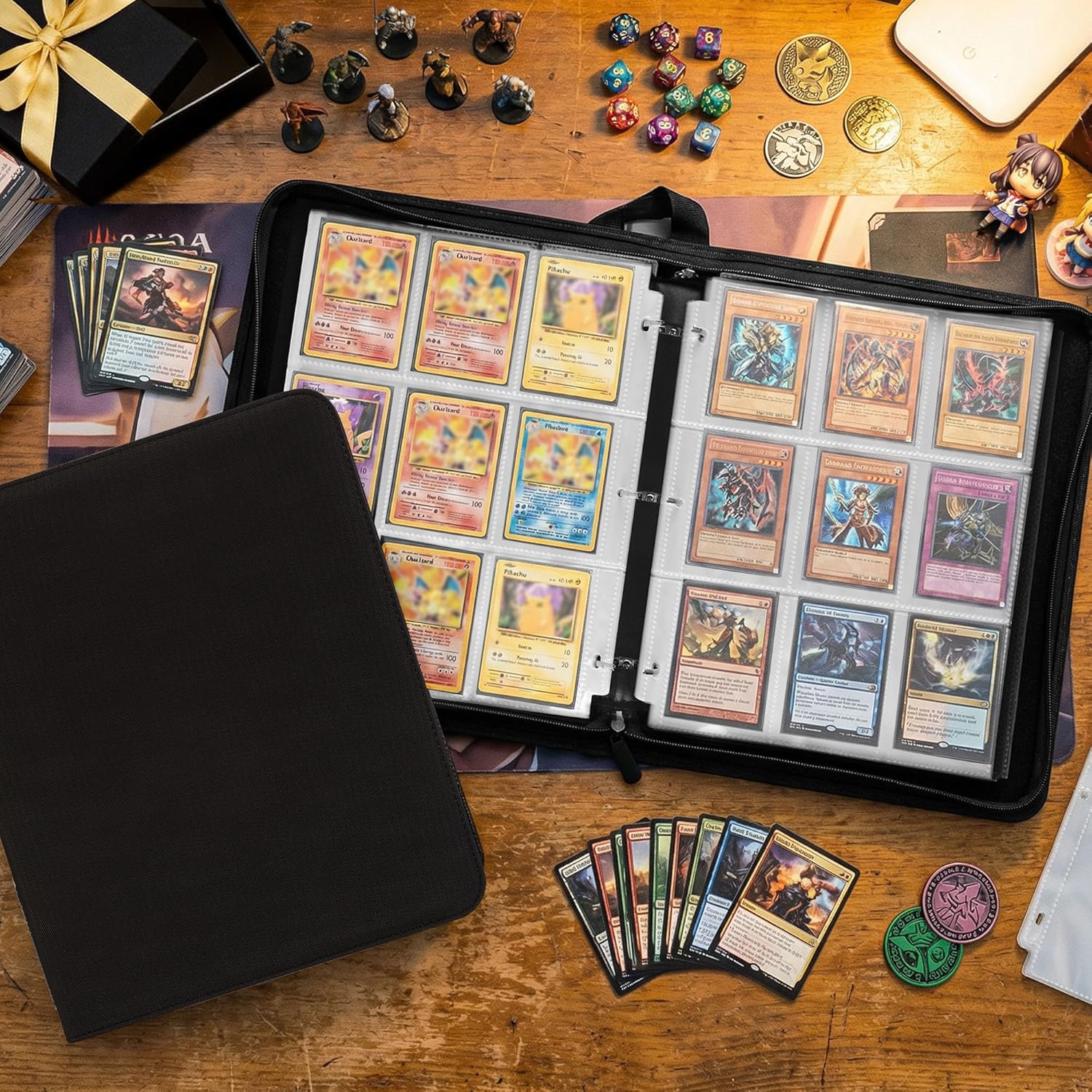 Black 9-Pocket Trading Card Binder with Zipper, Fits 900 Cards; Thermo PU Leather Collector Album for Pokemon, Sports Cards, TCG & K-pop Photocards; Card Folder for Boys, Girls & Adults