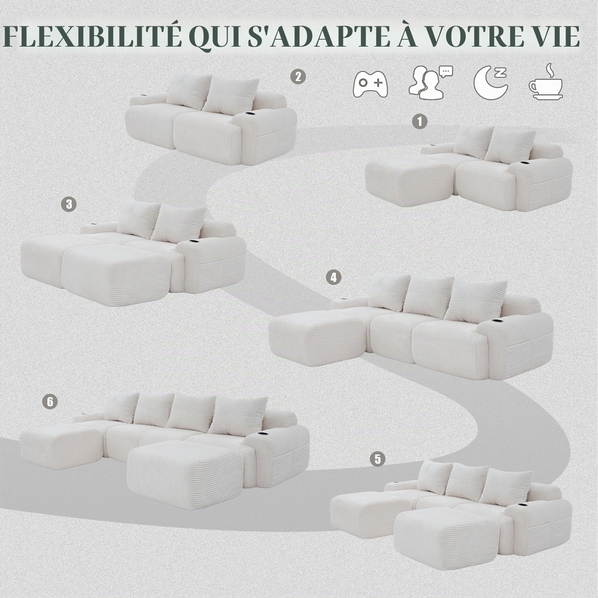 Yihomfy Canapé Modulaire en Velours Corde, Canapé d'angle en Forme de U, avec 2 Tabourets, Configuration Libre, avec Porte-Gobelet et Poches Latérales, Canapé pour Salon (Beige, 4 Sièges+2 Tabouret)