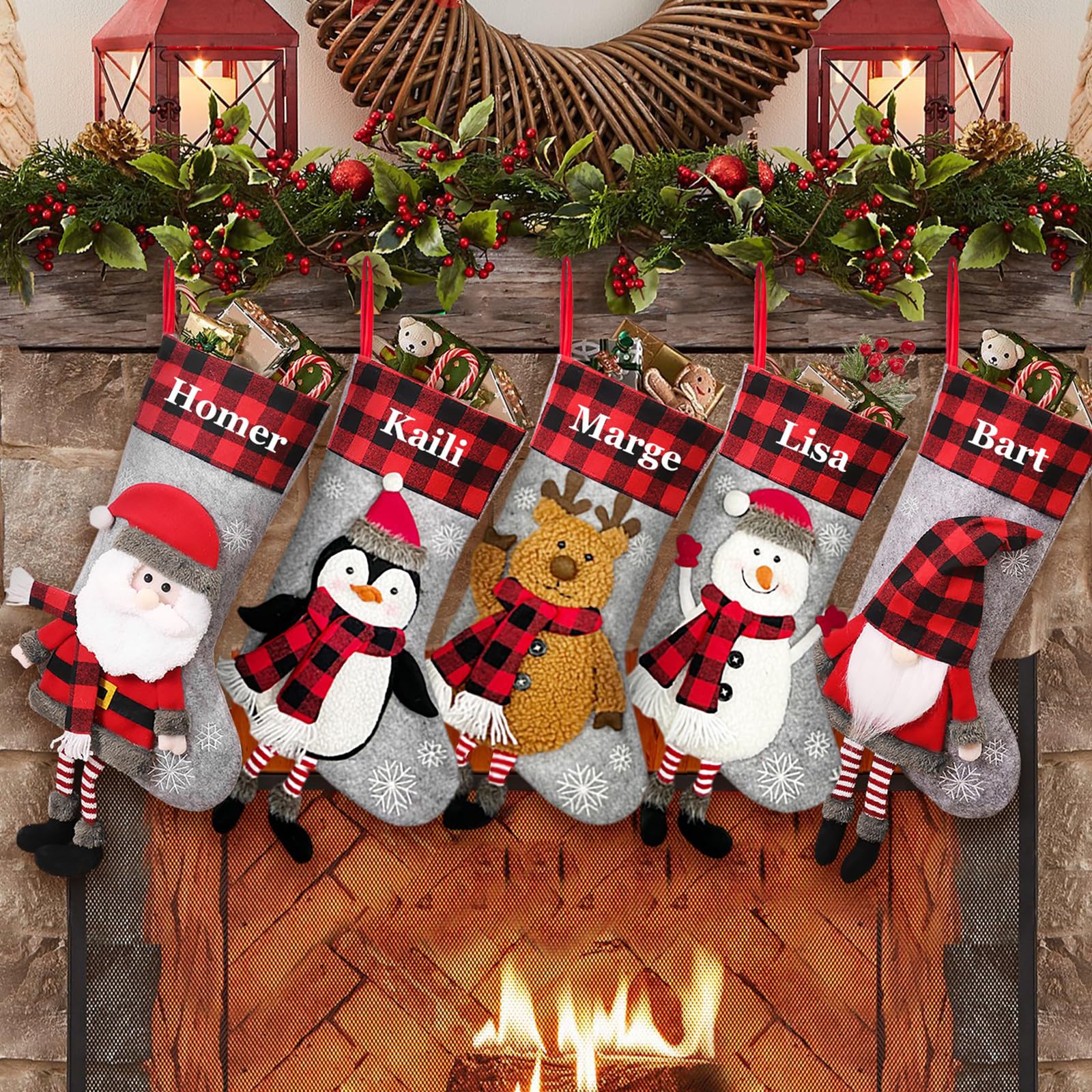 SearchI Weihnachtsstrumpf Personalisiert Nikolaussocken zum Befüllen Cartoon Weihnachtsmann, Elch, Schneemann, Pinguin Weihnachtsdekoration für Kamin, Weihnachtsbaum, Wand, Treppe(3 Stück)
