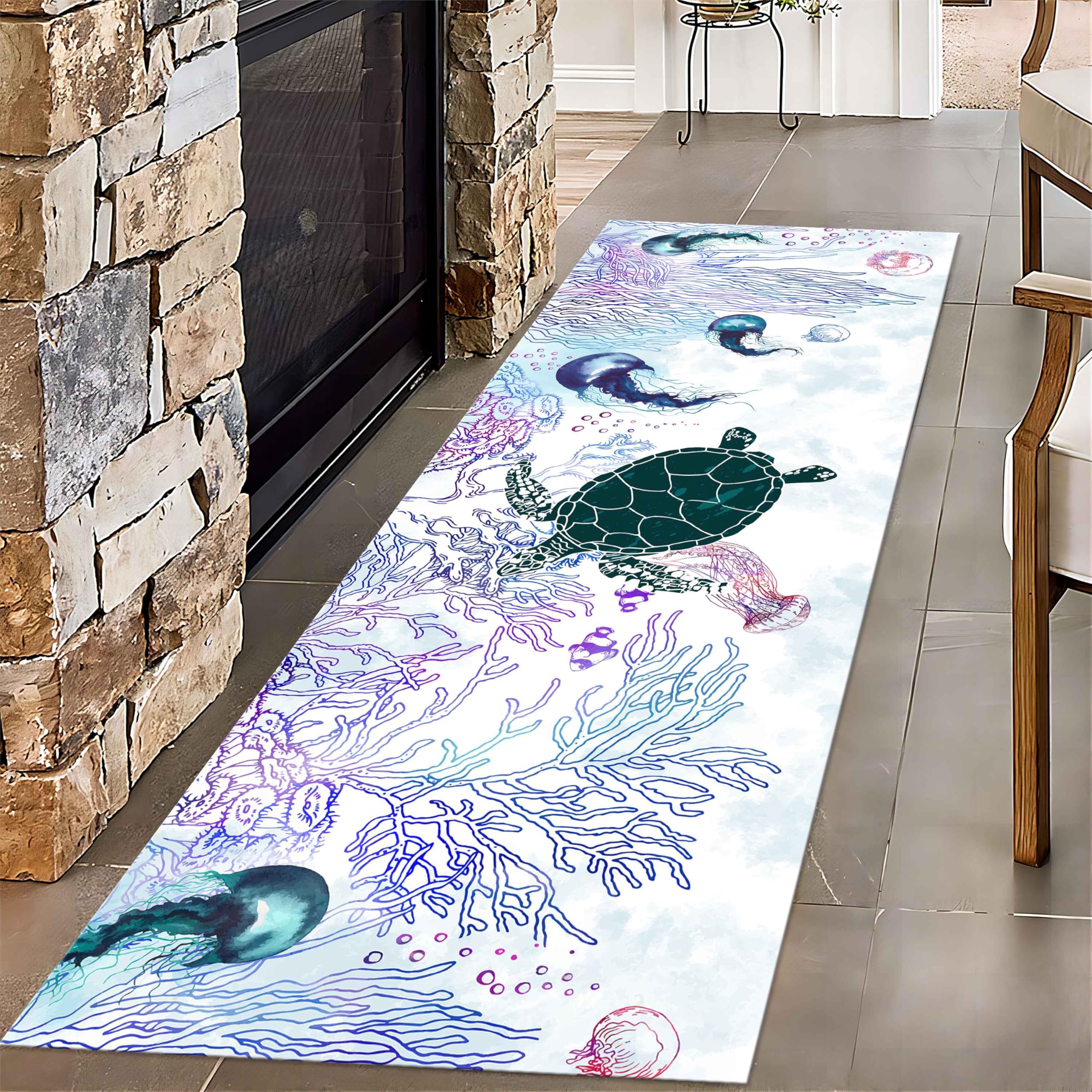 Ocean Theme Runner Rugs for Hallway, 2x6ft, Coastal Beach Nautical Entryway Rug, Durable Fade Resistant Easy Clean Carpets, Absorbent Pet Friendly