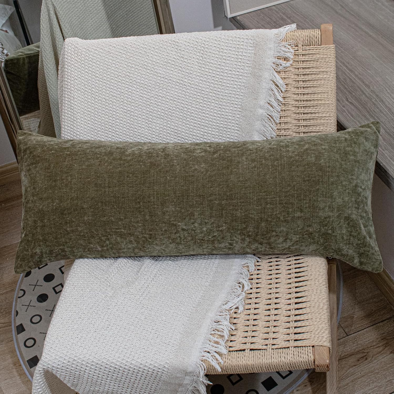 JoraLion Thick Chenille Lumbar Pillow Cover 14x36 inch, Olive Green Decorative Pillowcase Farmhouse Soft Cushion Case for Couch Sofa Bed Living Room, Pack of 1(Cover ONLY)