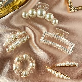 GQLV Pearl Hair Clips For Women/Girls,6PCS Strong Hold Large Hair Claw Clips For Thick/Thin Hair Claws,Nonslip Cute Decorative Bobby Hair Pins,Spiral Hair Ties,Wedding Hair Accessories Gifts (B-Milk)