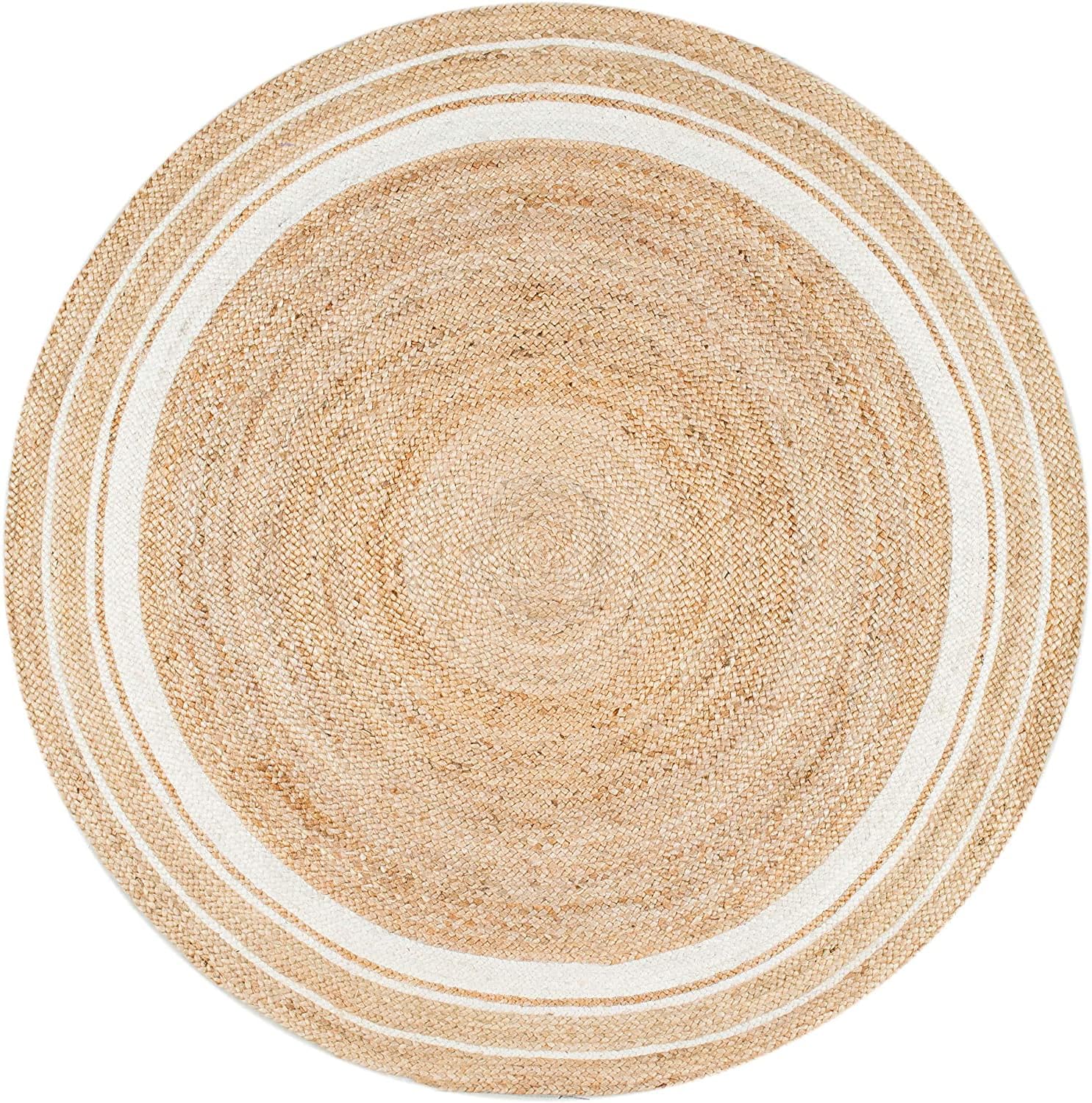 Vipanth Natural Jute Rug Hand Braided Round Area Rug Handmade Rug for Home Decor (2 Feet Round (24 x 24 Inches), Beige + White Line) 2' (Round) Beige + White Line