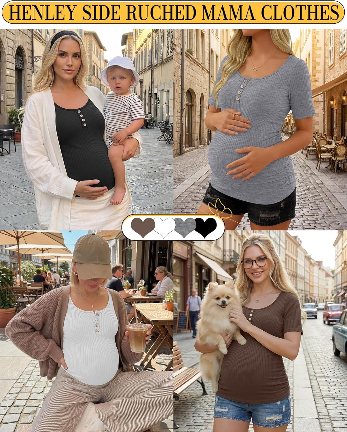 4 Pack Womens Maternity Shirts Scoop Neck Cotton Short Sleeve Ribbed Pregnancy Top Henley Side Ruched Mama Clothes - Image 2