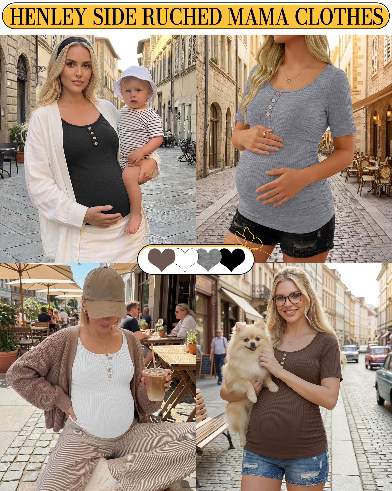 Xuniea Paquete de 4 Camisetas de Maternidad para Mujer, Manga Corta, Algodón Acanalado, Estilo Henley, con Fruncido Lateral