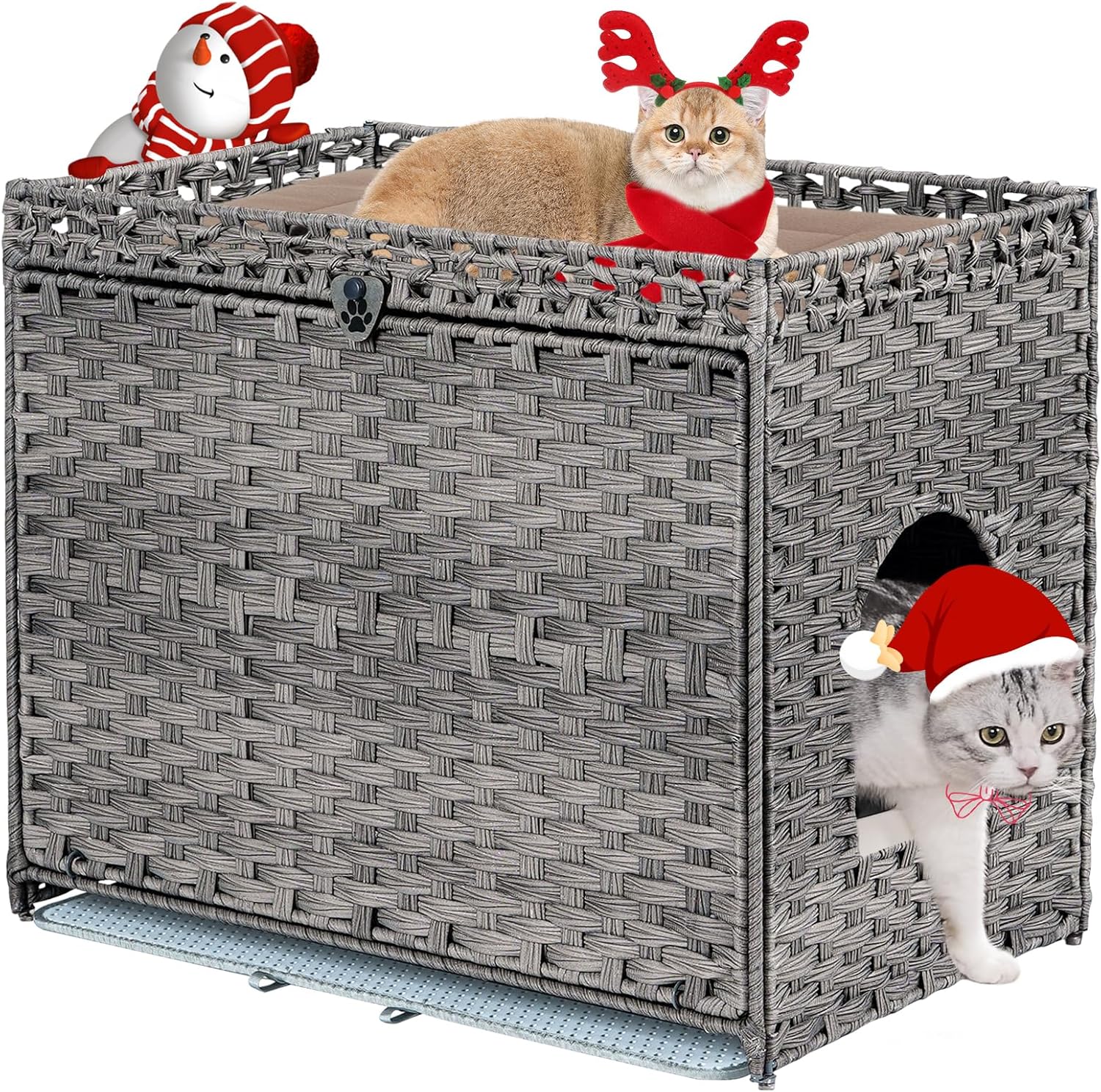 Snughome Cat Litter Box Enclosure with Cat Litter Mat, Hidden Cat Washroom Furniture with Door, Handwoven Rattan Cat Washroom Box, Indoor Pet House Storage for Living Room, Bedroom, Balcony (Grey) Grey 27.56"L x 17.91"W x 23.62"H