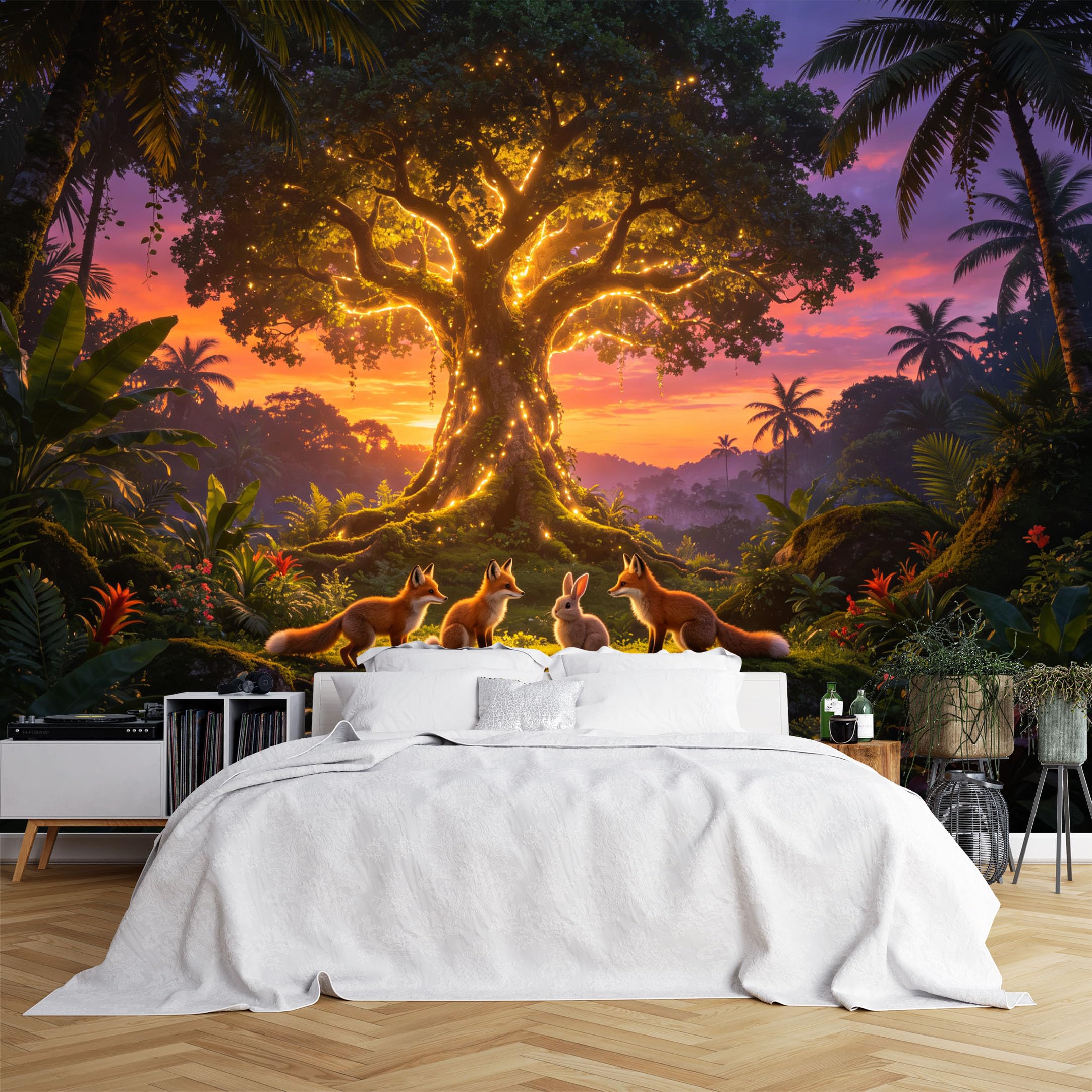Lcythiazole Ch260615246 Custom Size Wall Murals Giant Glowing Tree Fox Rabbit Sunset Jungle Full Wall Wall Murals Self-Adhesive Wall Fabric (No Pvc) Removable Wallpaper For Bedroom Decor