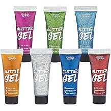 Body Glitter Paint Gel - 7 Color Costume Set for Women, Girls - 10 ml Tubes Holographic Shimmer Effect for Hair, Body, Face - Great for Festival, Costume Party, Halloween - by Splashes and Spills