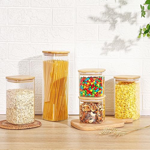 Miniatura 3 de Vtopmart Juego de 5 tarros de vidrio para almacenamiento de alimentos, recipientes de vidrio con tapas de madera de bambú para pasta, galletas,