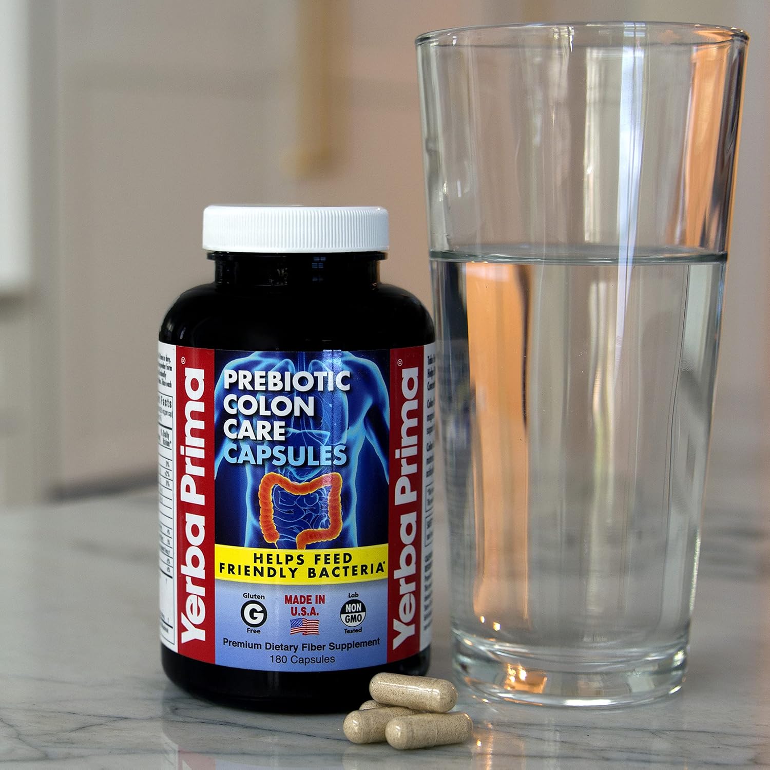 Yerba Prima Prebiotic Colon Care Capsules - 180 Count (Pack of 2), Gluten Free, Proudly Made in The USA, Non-GMO, Soluble & Insoluble Fiber, Supports A Healthy Functioning Colon