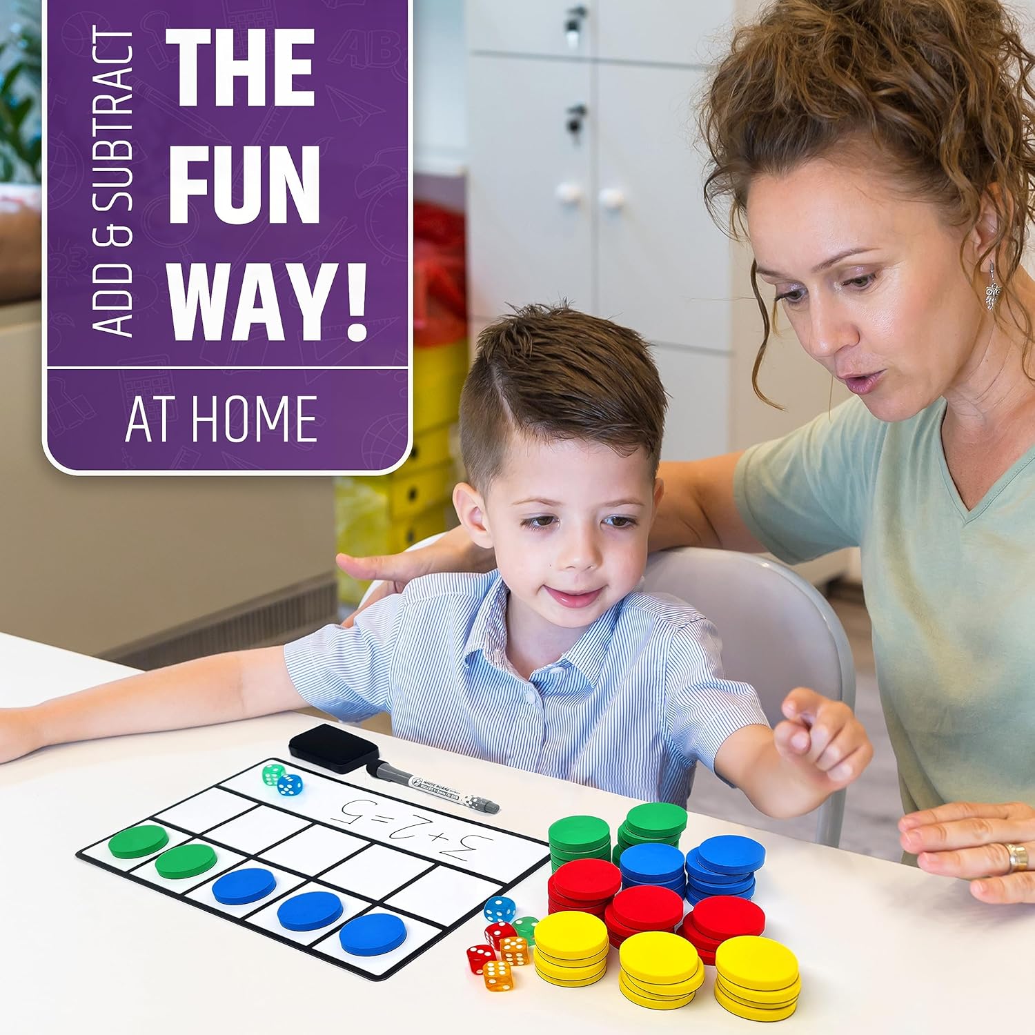 Magnetic Ten Frame Set: 2 Durable Extended Ten-Frames + 48 Counters + 38 Math Flash Cards + 8 Dice - Addition & Subtraction - Math Manipulatives Kit for Home, Kindergarten & Elementary Teachers - Image 3