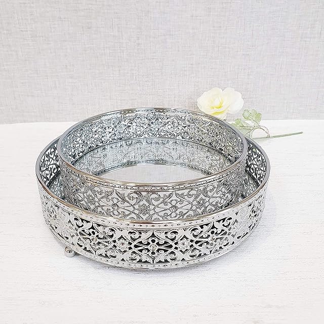 Cherish Home Revelare Silver Round Mirror Display Trays (Small (20cm x 20cm x 6.5cm))
