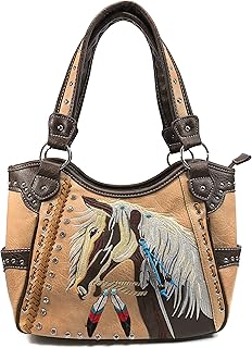 Justin West Dales Pony Horse White Mane Embroidery Feather Conceal Carry Women Handbag Purse (Brown Tote Only)